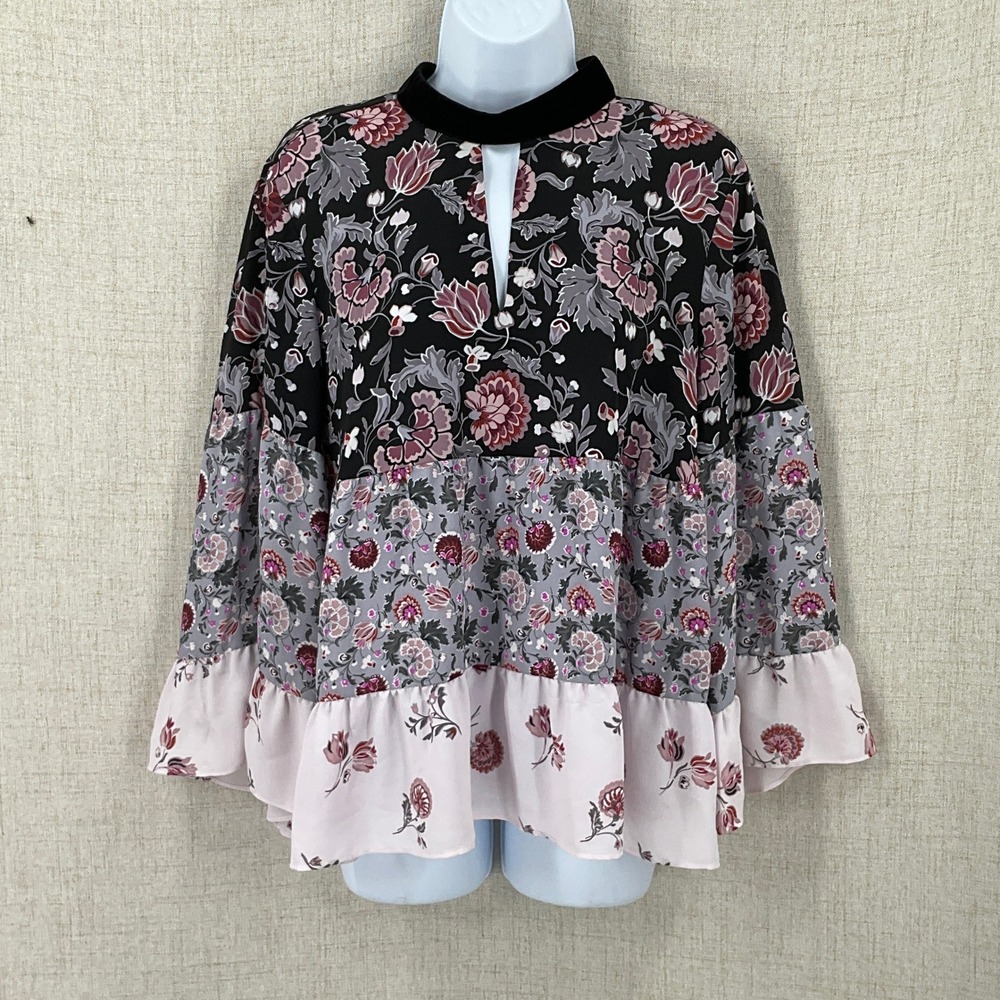 LOFT Blouse Women M Black Pink Floral Tiered Mock Neck Velvet Trim Boho Keyhole
